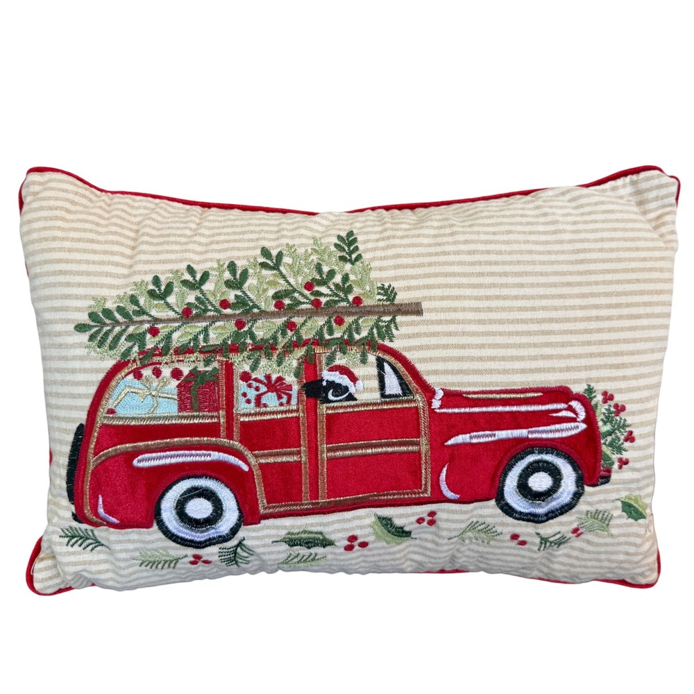 Secret Celebrity Christmas Pillow Red Car‎ Tree Embroidered 14x20 Throw Cushion
